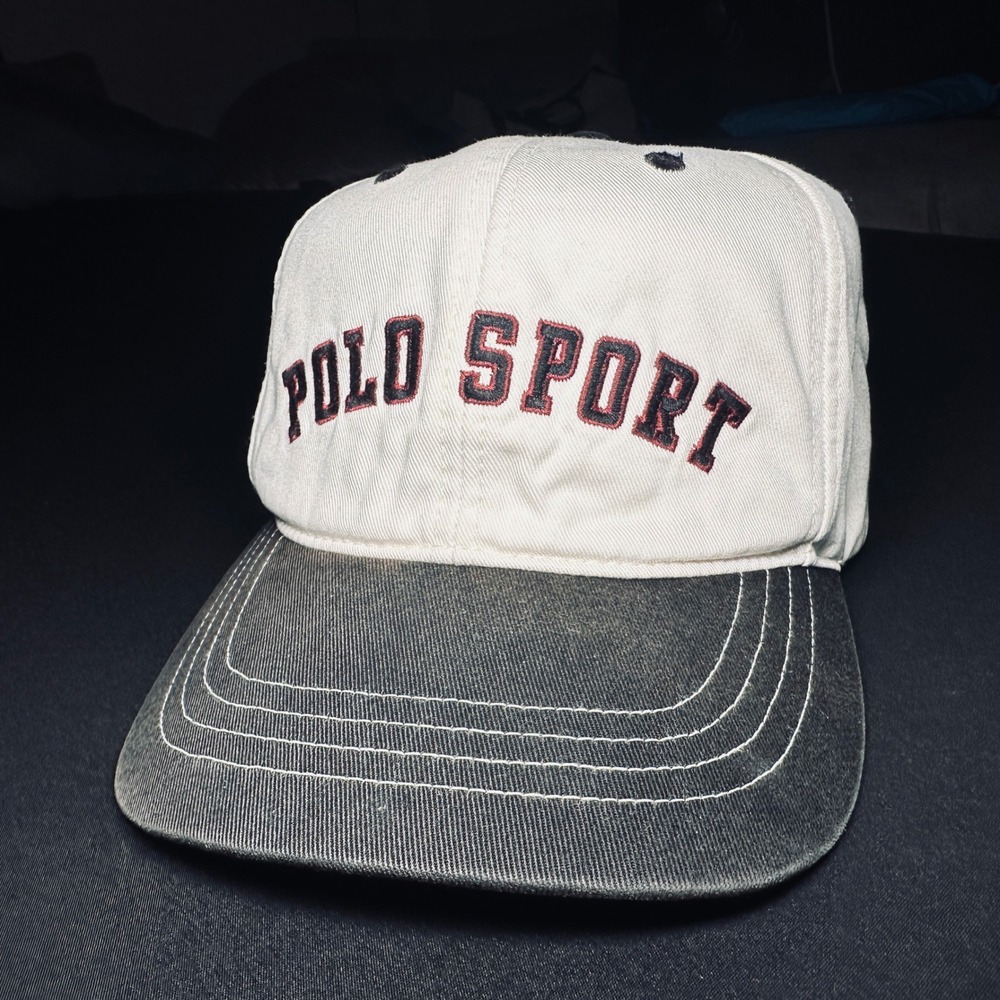 Vintage Polo Sport Ralph Lauren Hat Brass Buckle Cap Beige SpellOut 01 Strap Dad